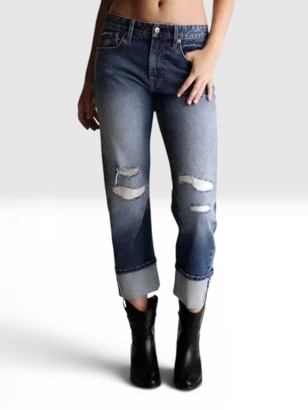 Frye Women's Distressed Cuffed Relaxed Fit Jeans Sz 27 Blue Denim MidRise Casual
